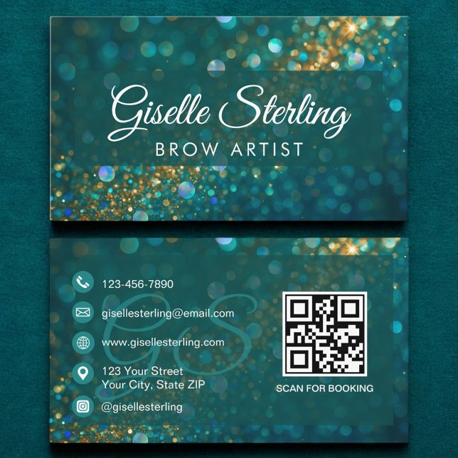 Brow Artist Teal Gold Glitter QR Code Luxury Business Card (Creator Uploaded)