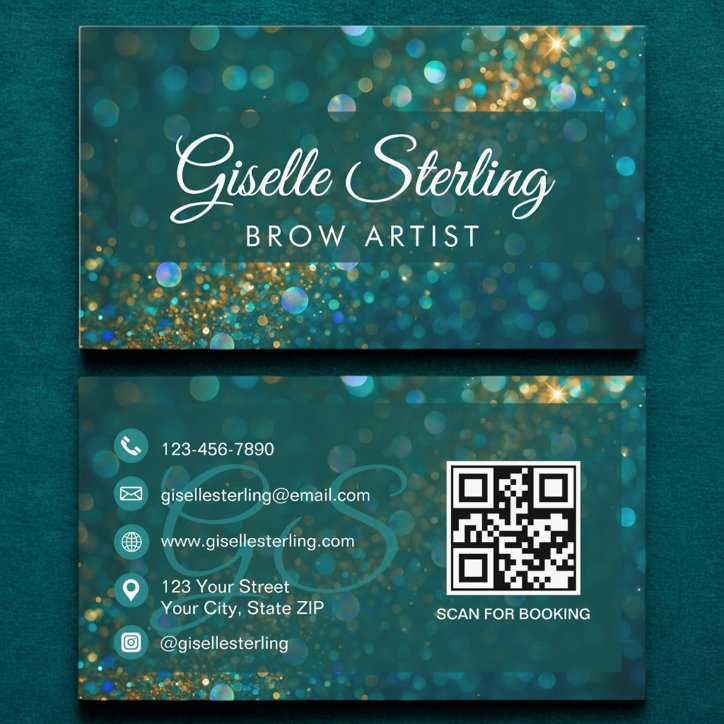 Brow Artist Teal Gold Glitter QR Code Luxury Business Card