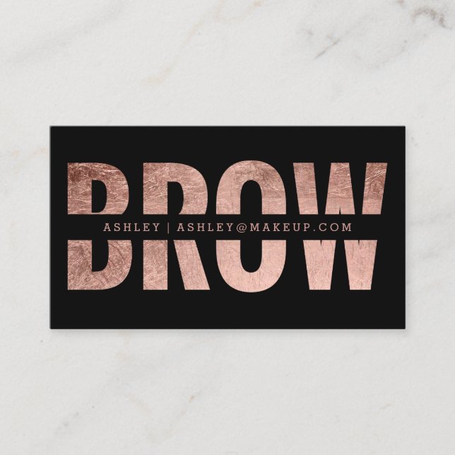 Brow cut out faux rose gold typography black business card (Front)