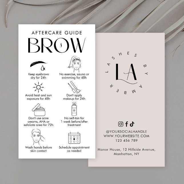  Brow Lamination Aftercare Modern Logo Cream Business Card (Trendy brow lamination & microblading aftercare business cards in neutral cream & white design)