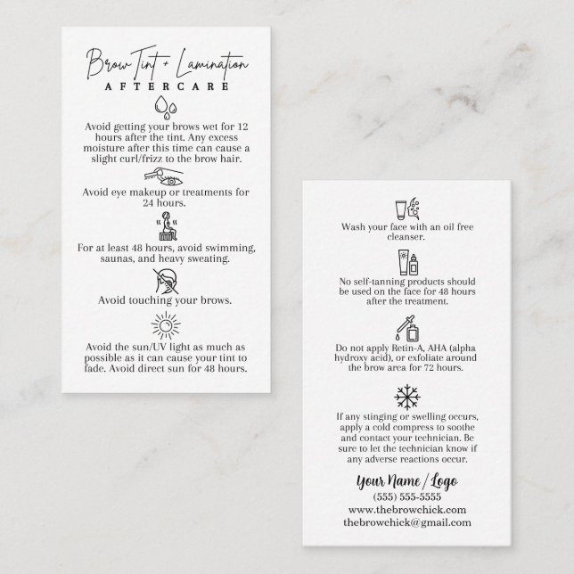 Brow Tint + Lamination Aftercare Cards  (Front/Back)