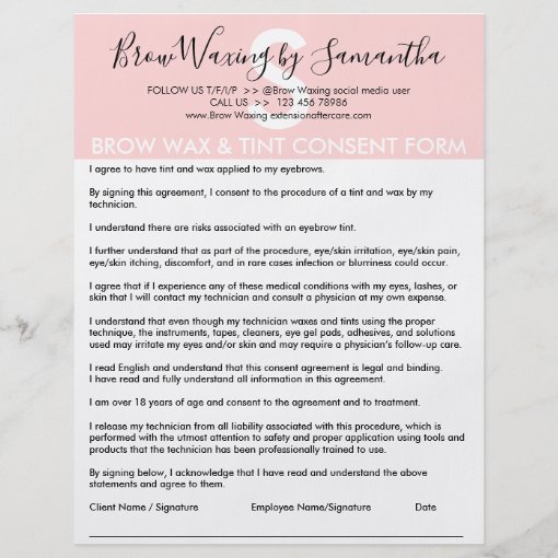 Brow Wax and Tint Customer Consent Waiver Form Flyer Zazzle
