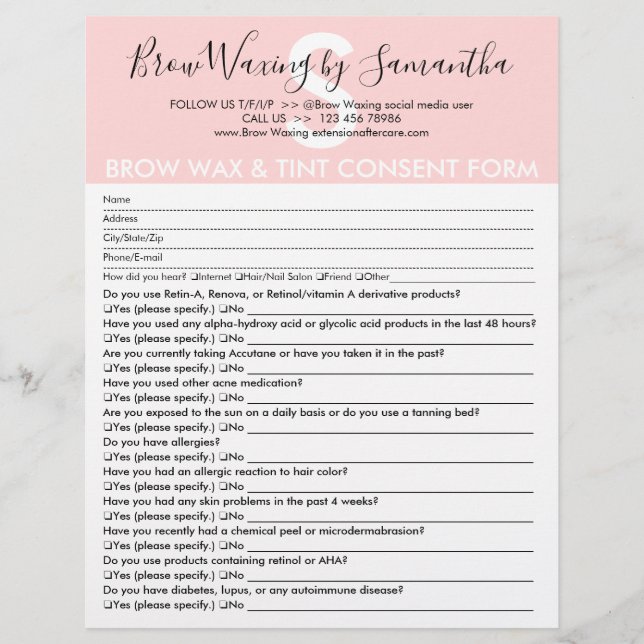 Brow Wax and Tint Customer Consent Waiver Form Flyer (Front)