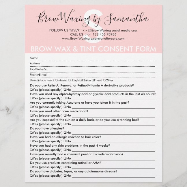 Brow Wax and Tint Customer Consent Waiver Form Flyer