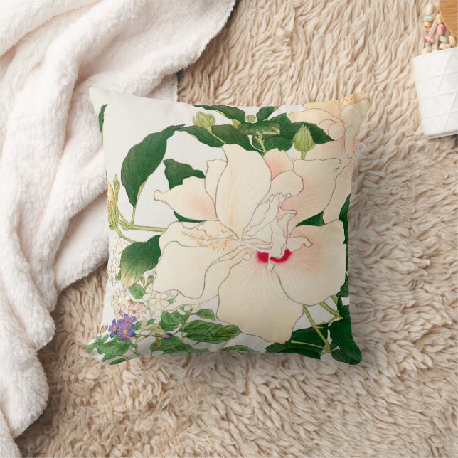 Browallia & Hibiscus Flowers -Japanese woodblock   Throw Pillow (Blanket)