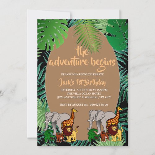 Brown 1st Birthday The Adventure Begins Safari Invitation