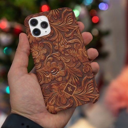 Brown 3_D tooled leather floral pattern 2 monogram iPhone 15 Case