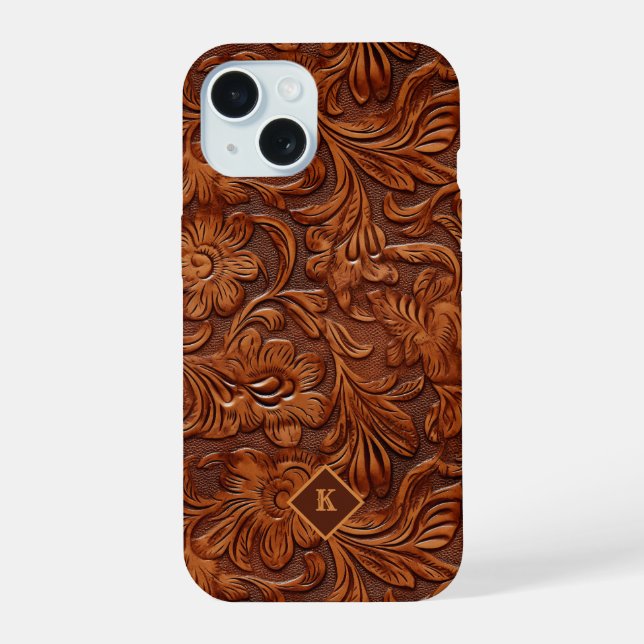 Brown 3-D tooled leather floral pattern 2 monogram Iphone Case (Back)