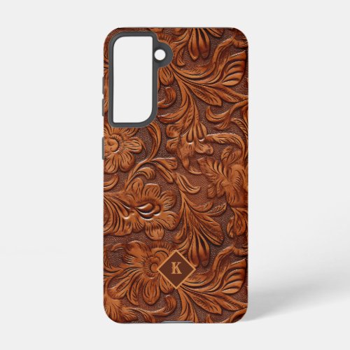 Brown 3_D tooled leather floral pattern 2 monogram Samsung Galaxy S21 Case