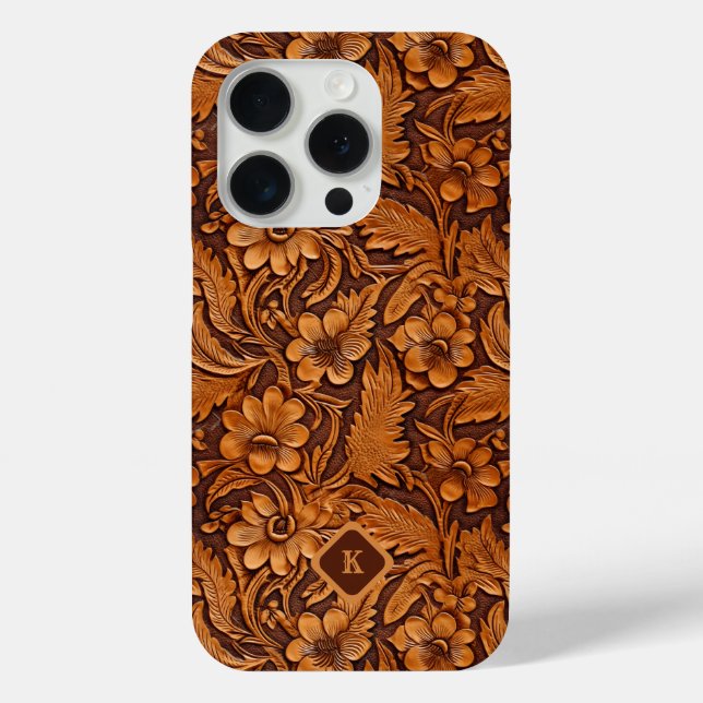 Brown 3-D tooled leather floral pattern monogram Case-Mate iPhone Case (Back)