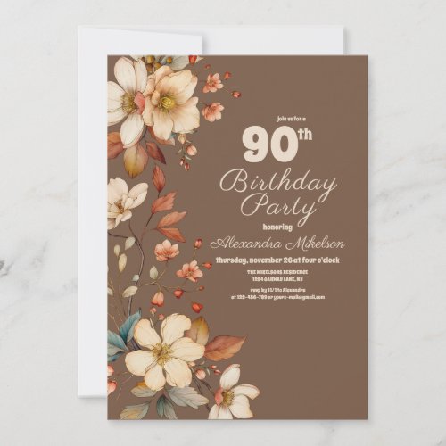 Brown 90th Floral Birthday Invitation