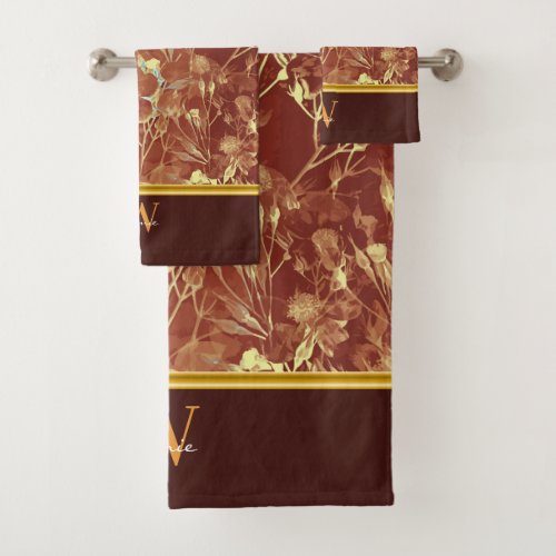 Brown Abstract Cosmos Gold Trim Monogram Bath Towel Set