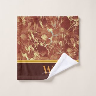Brown Abstract Cosmos Gold Trim Monogram Bath Towel Set