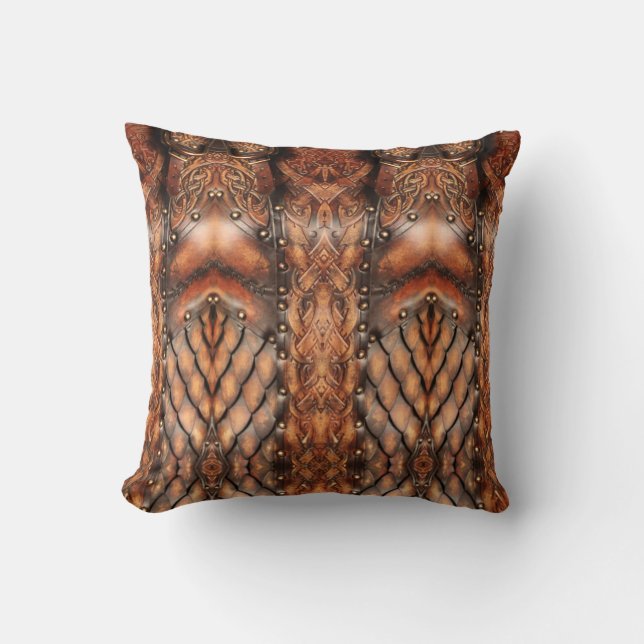 Brown abstract Viking armor leather print Throw Pillow (Front)
