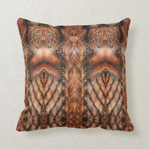 Brown abstract Viking armor leather print Throw Pillow