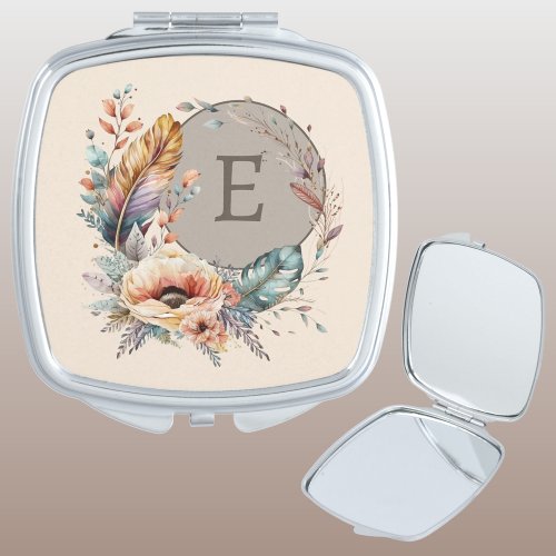Brown add initial floral compact mirror