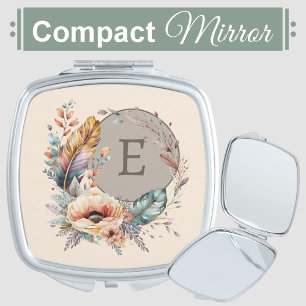 Brown add initial floral compact mirror