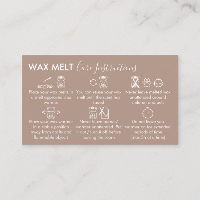 Brown Aftercare Instructions for Wax Melt Business Card