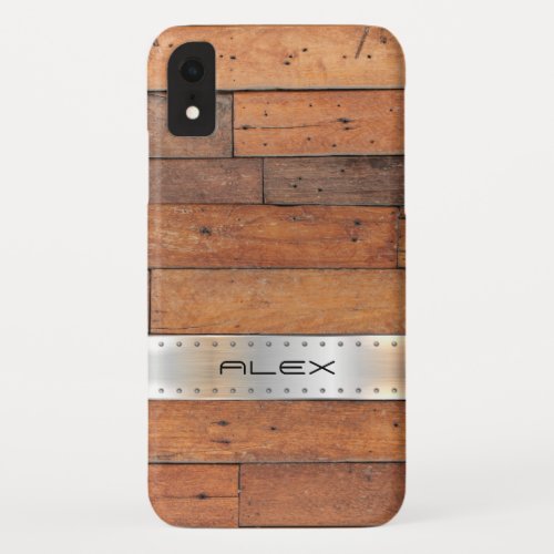 Brown aged faux wood planks with metallic silver iPhone XR case