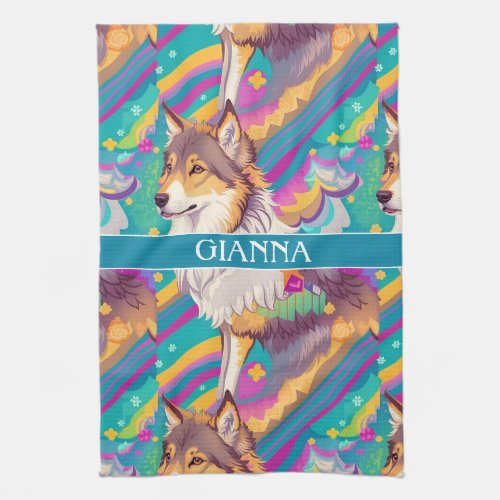 Brown Alaska Wolf Watercolor Colorful Personalized Kitchen Towel