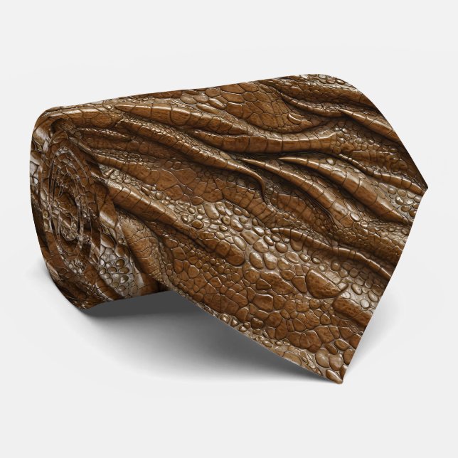 Brown Alligator Crocodile Dragon Snake Leather Neck Tie (Rolled)