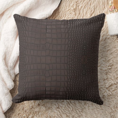 Brown Alligator Faux Leather Print Throw Pillow