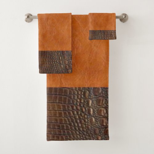 Brown Alligator Hide and Carmel Vintage Leather  Bath Towel Set