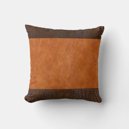 Brown Alligator Hide and Carmel Vintage Leather  Throw Pillow