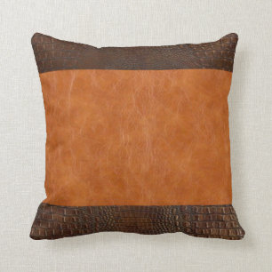 Brown Alligator Hide and Carmel Vintage Leather Throw Pillow
