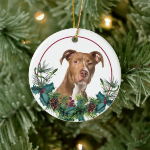 Brown American Pit Bull Dog Evergreen Wreath Ceramic Ornament