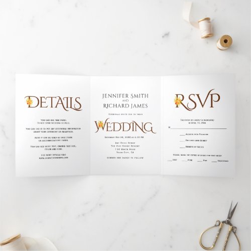 Brown ampersand with orange roses fall wedding Tri_Fold invitation