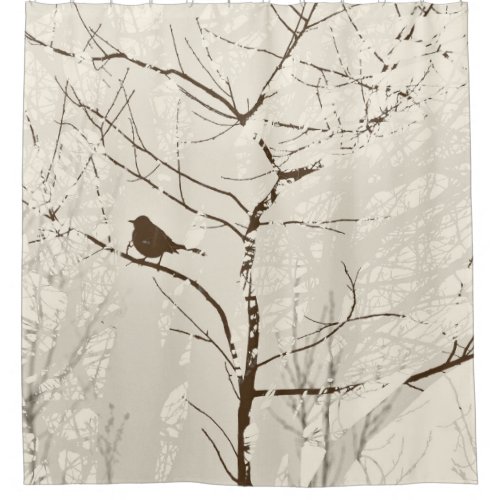 Brown and Almond Bird in Tree Graphic Neutral Shower Curtain