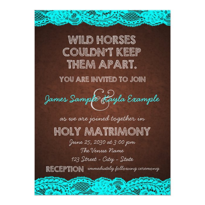 Brown and Antique Teal Blue Lace Wedding Personalized Invites