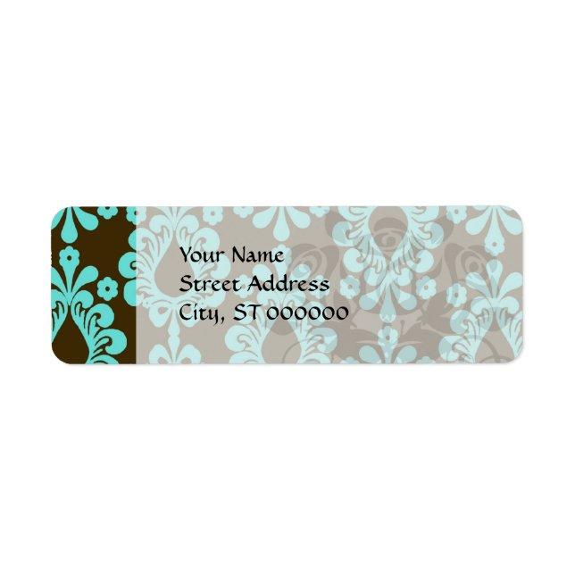 brown and aqua blue damask pattern label (Front)