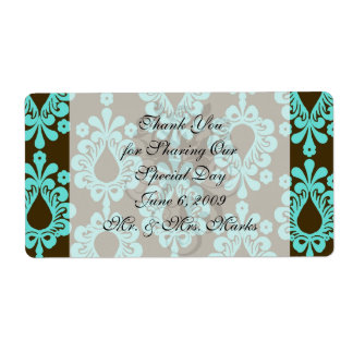 brown and aqua damask label