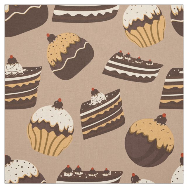 Brown And Beige Cakes & Cupcakes Pattern Fabric (Swatch)