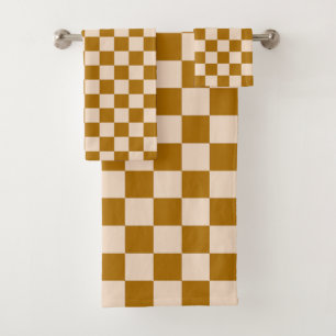 Brown and beige checkerboard pattern bath towel set