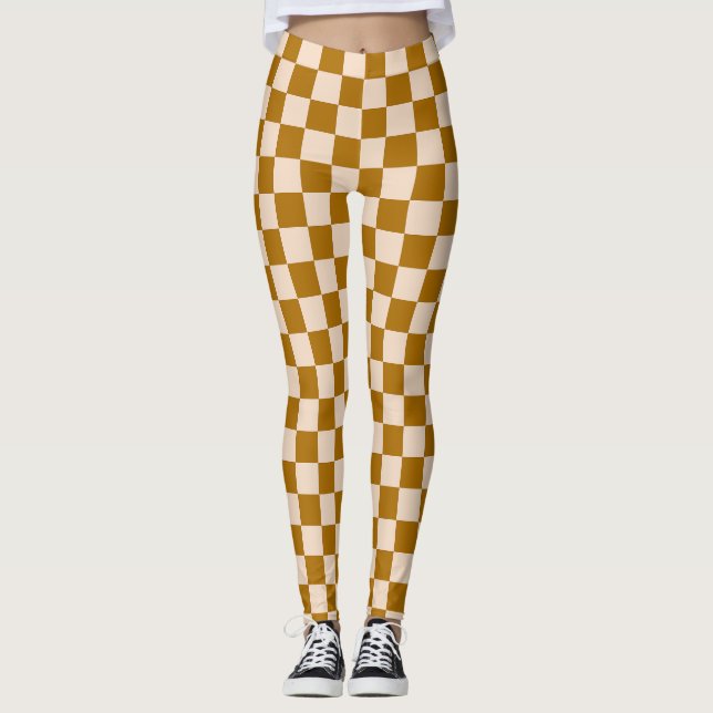 Brown and beige checkerboard pattern leggings (Front)