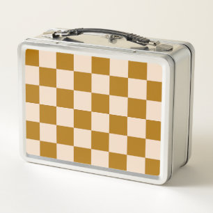 Brown and beige checkerboard pattern metal lunch box