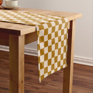 Brown and beige checkerboard pattern short table runner