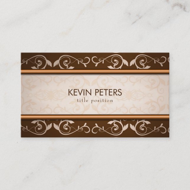 Brown And Beige Damask Business Card (Front)