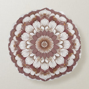 Brown and Beige Floral Mandala Wall Art Print Round Pillow