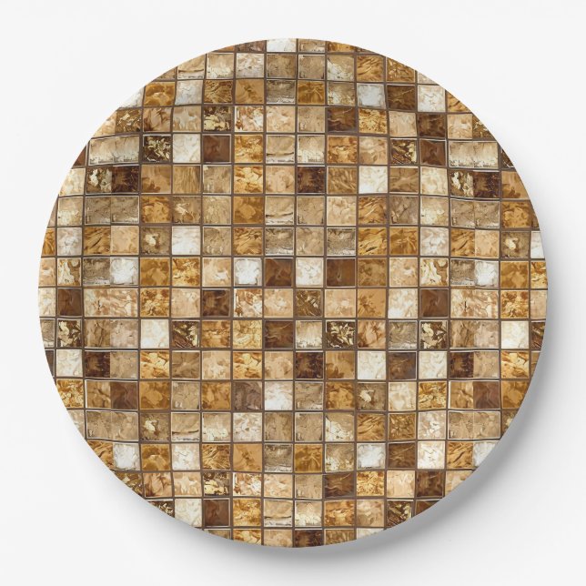Brown and Beige Mosaic Tile Wall Paper Plates (Front)