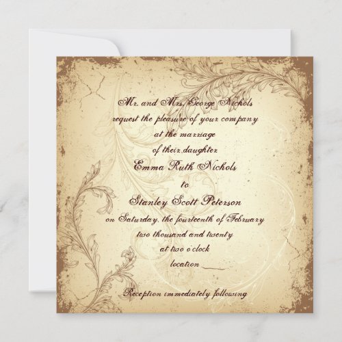 Brown and beige scroll leaf vintage wedding invitation