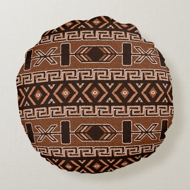 Brown And Black Aztec Pattern Southwestern Design Round Pillow (Back)