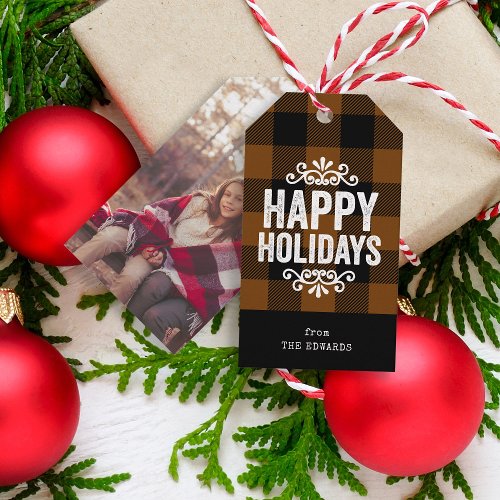 Brown and Black Buffalo Check Rustic Holiday Photo Gift Tags