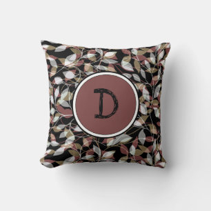 Brown and Black Floral With Custom Monogram Throw Pillow