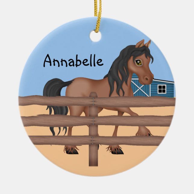 Brown and Black Horse on a Farm Ceramic Ornament (Front)