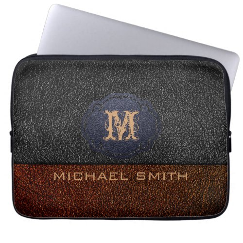 Brown and Black Leather Custom Monogram Laptop Sleeve