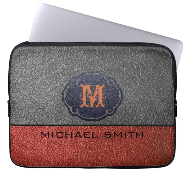 Brown and Black Leather. Custom Monogram Laptop Sleeve (Front)